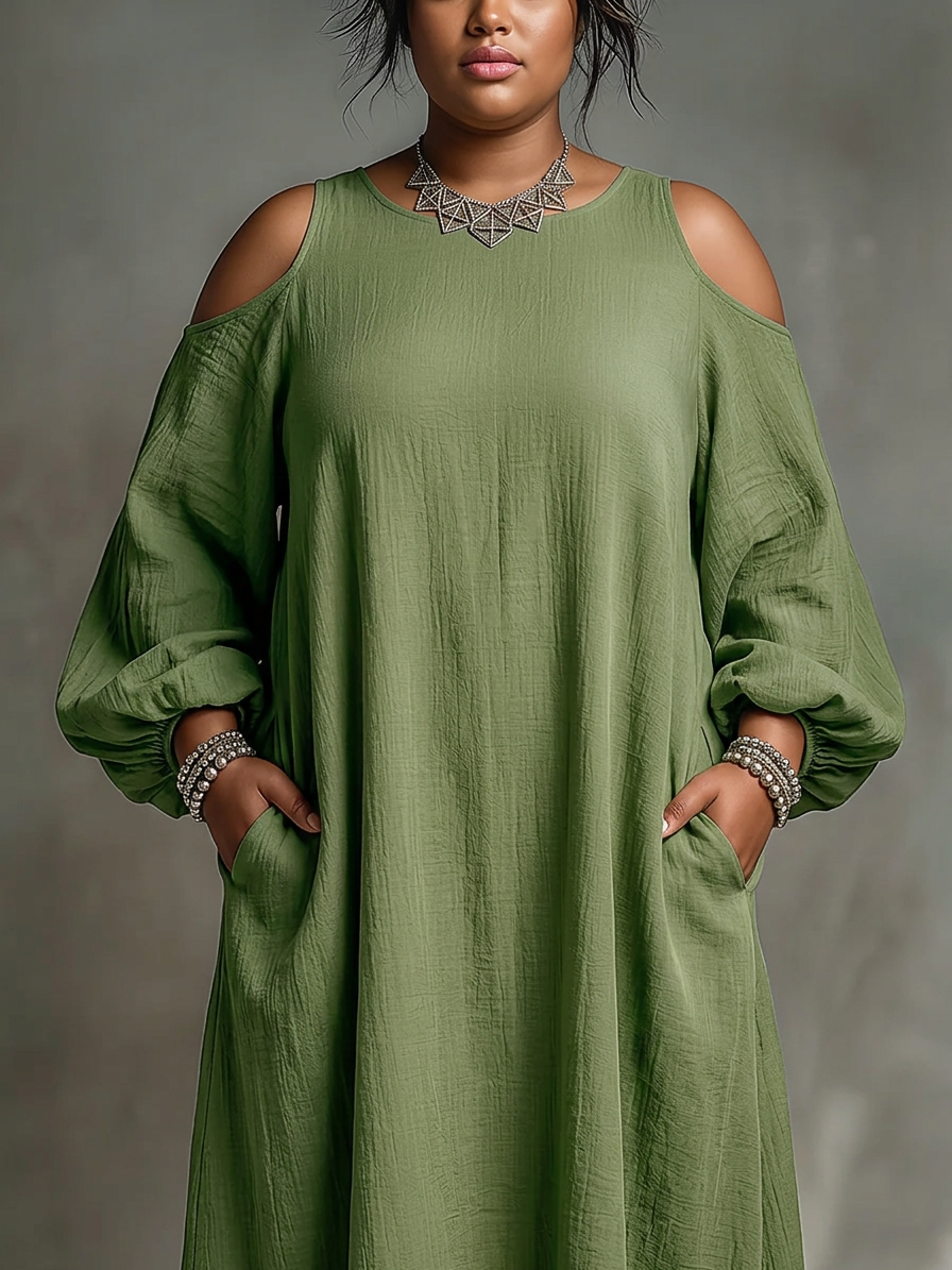 Anika | Green Off-Shoulder Puff Sleeve Maxi Dress - Plus size model