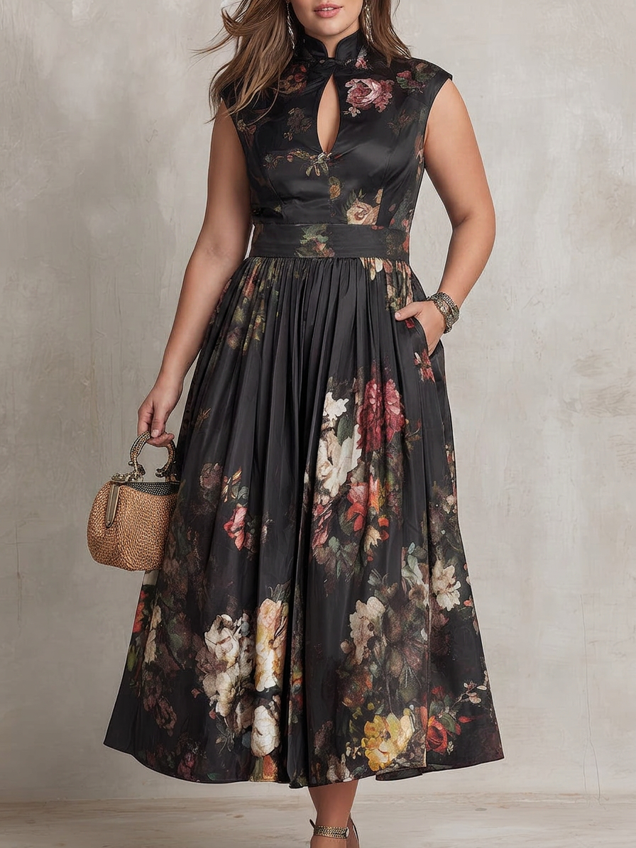 Patricia | Black Floral Satin Pleated Midi Dress - Plus size model