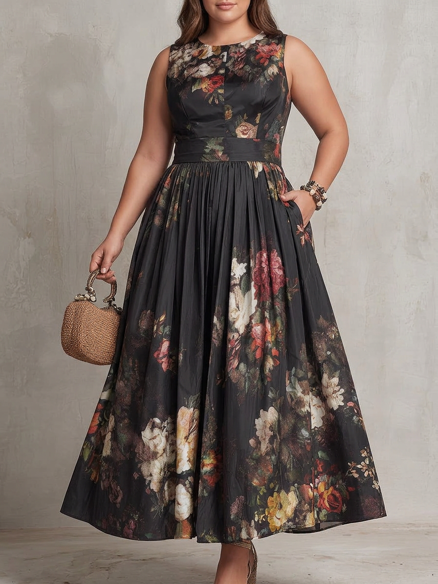 Patricia | Black Floral Satin Pleated Midi Dress - Plus size model