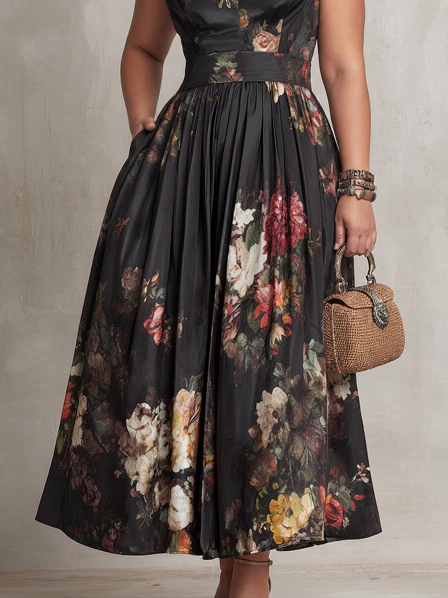 Black Keyhole Collar Floral Pleated Satin Midi Dress - Plus size model
