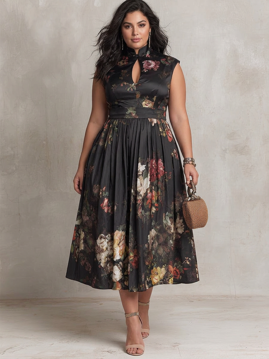 Patricia | Black Floral Satin Pleated Midi Dress - Plus size model