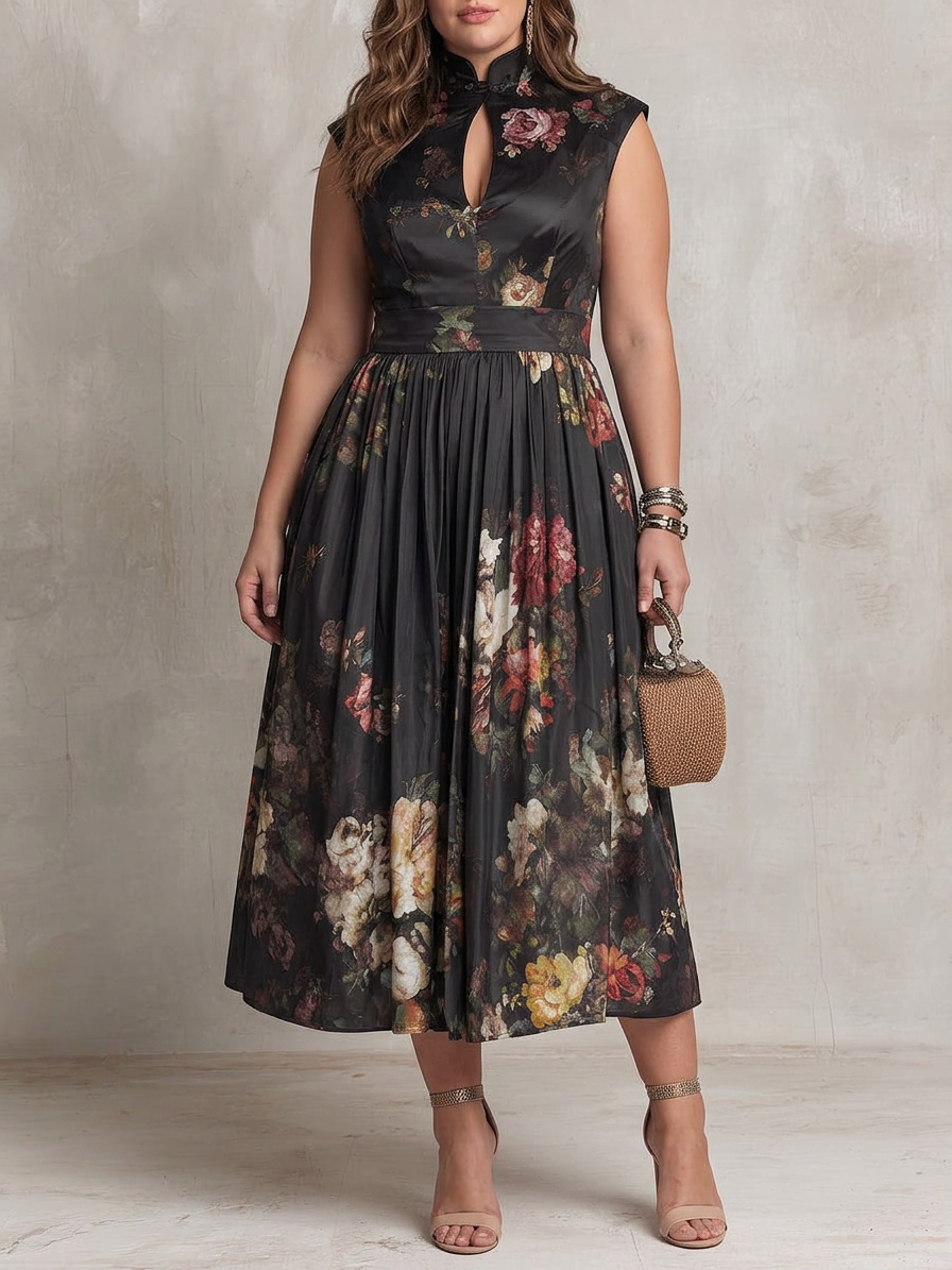 Black Keyhole Collar Floral Pleated Satin Midi Dress - Plus size model