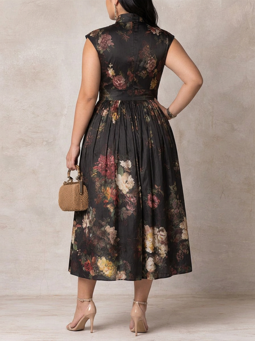 Patricia | Black Floral Satin Pleated Midi Dress - Plus size model
