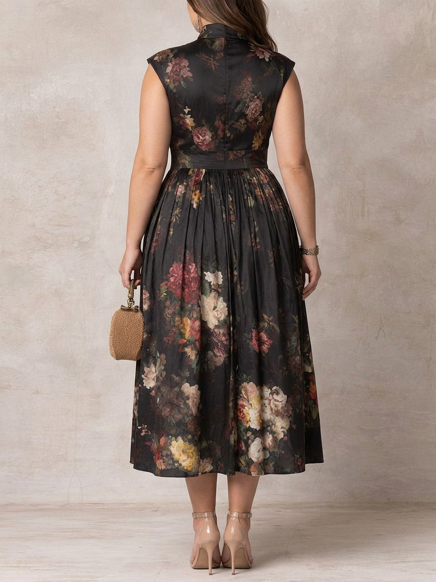 Black Keyhole Collar Floral Pleated Satin Midi Dress - Plus size model