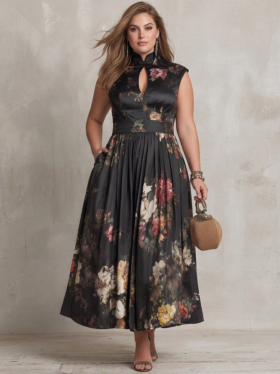 Black Keyhole Collar Floral Pleated Satin Midi Dress - Plus size model