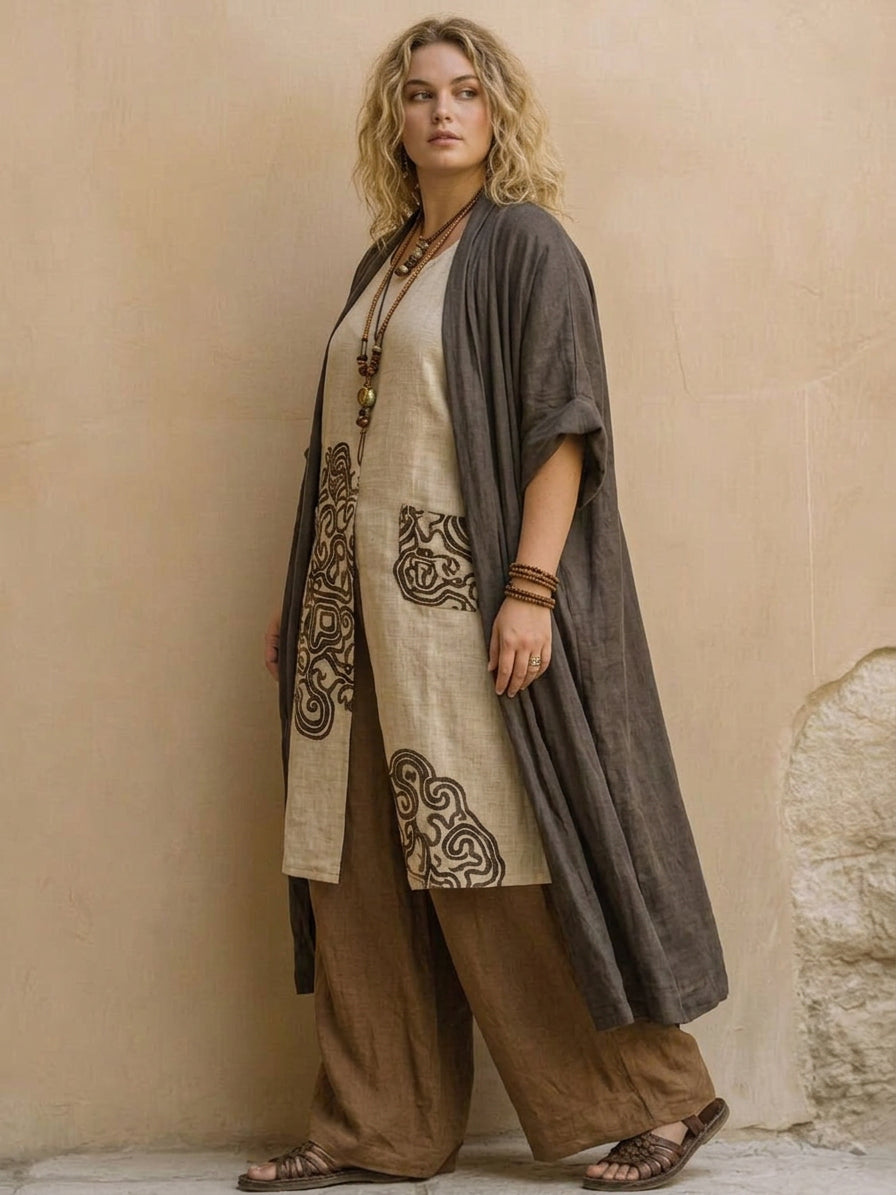 Sophie | Dark Gray & Brown Tribal Print Three-Piece Set - Plus size model