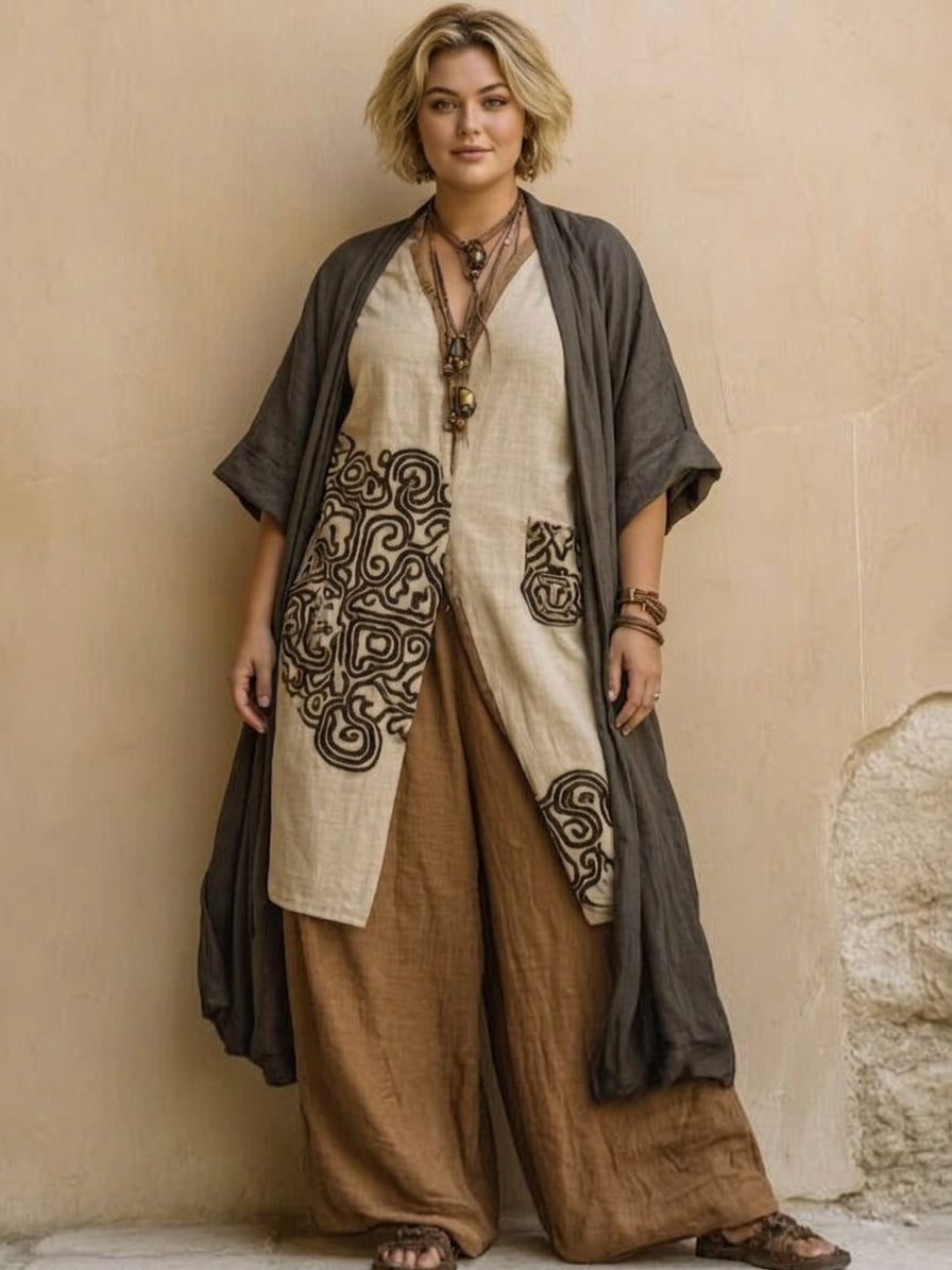 Sophie | Dark Gray & Brown Tribal Print Three-Piece Set - Plus size model
