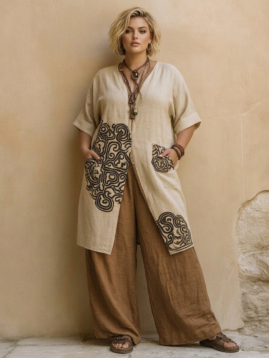 Sophie | Dark Gray & Brown Tribal Print Three-Piece Set - Plus size model