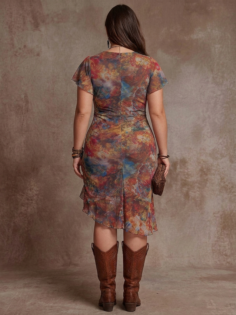 Judy | Bohemian Abstract V-Neck Pleated Midi Dress - Plus size model