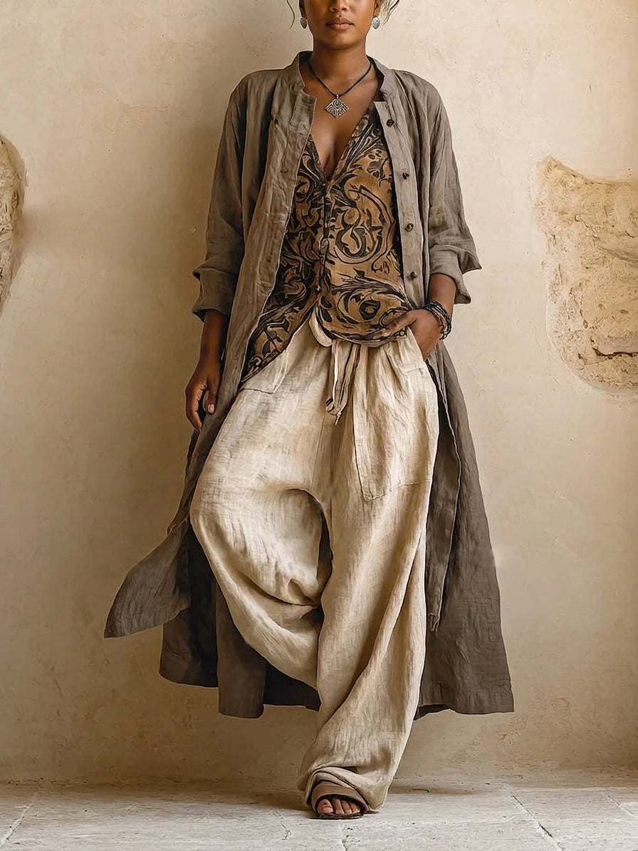 Natural 3-Piece - Boho Breeze Linen Set - Plus size model