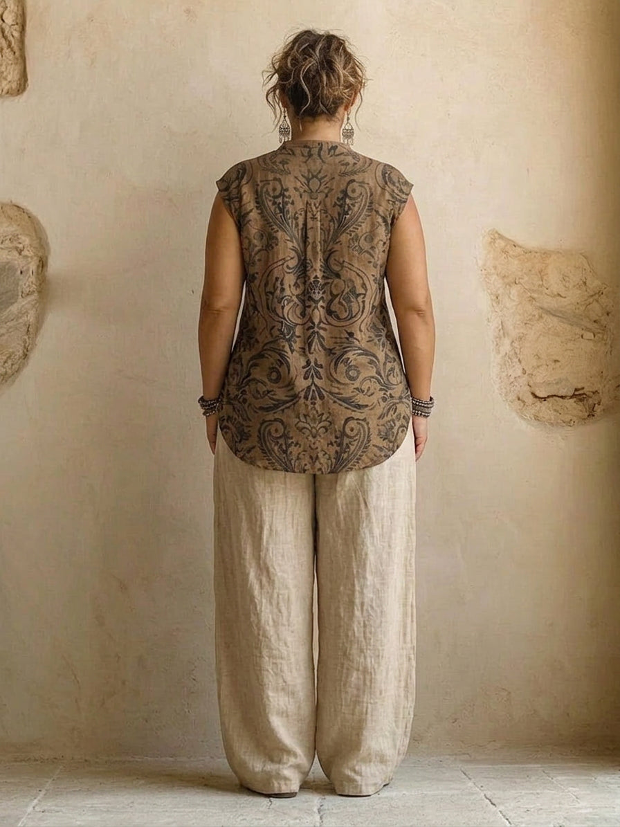 Natural 3-Piece - Boho Breeze Linen Set - Plus size model