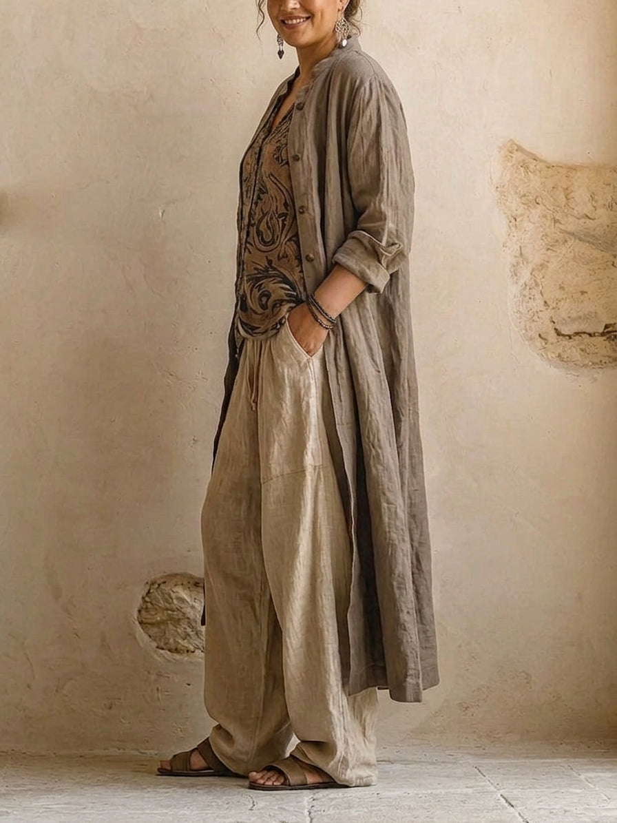 Natural 3-Piece - Boho Breeze Linen Set - Plus size model