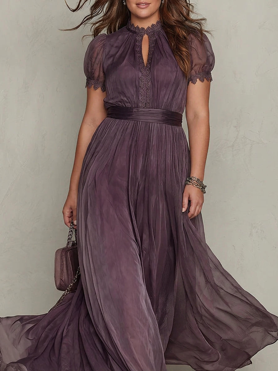 Purple Keyhole Neckline Chiffon Lace Trim Maxi Dress - Plus size model