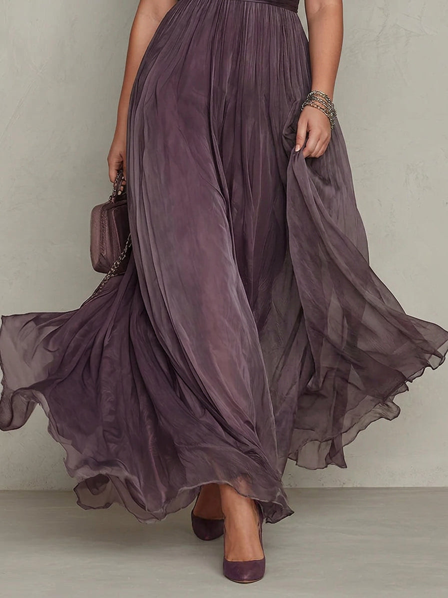Purple Keyhole Neckline Chiffon Lace Trim Maxi Dress - Plus size model