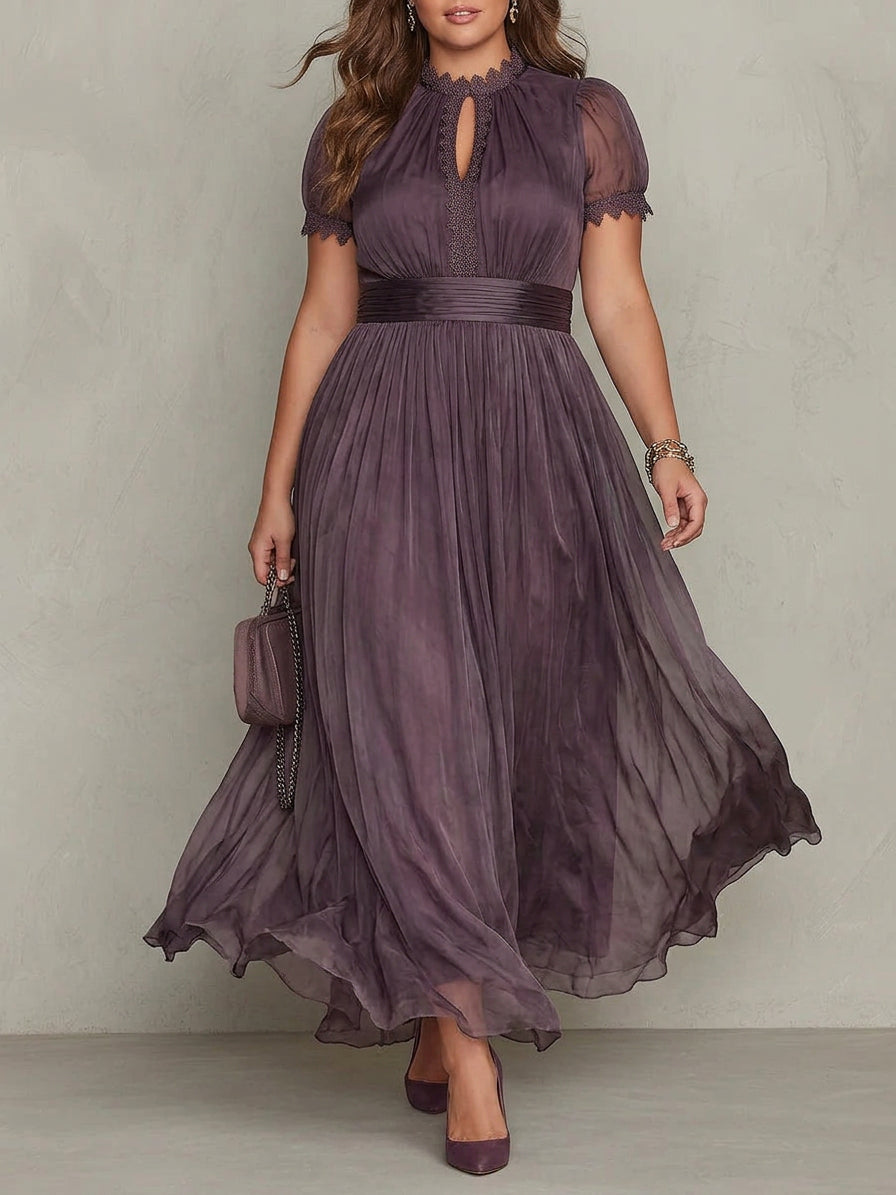 Purple Keyhole Neckline Chiffon Lace Trim Maxi Dress - Plus size model