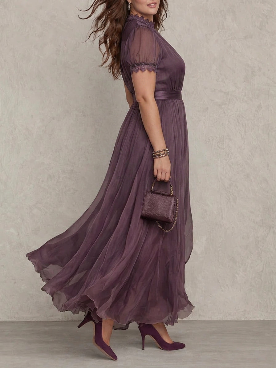Purple Keyhole Neckline Chiffon Lace Trim Maxi Dress - Plus size model