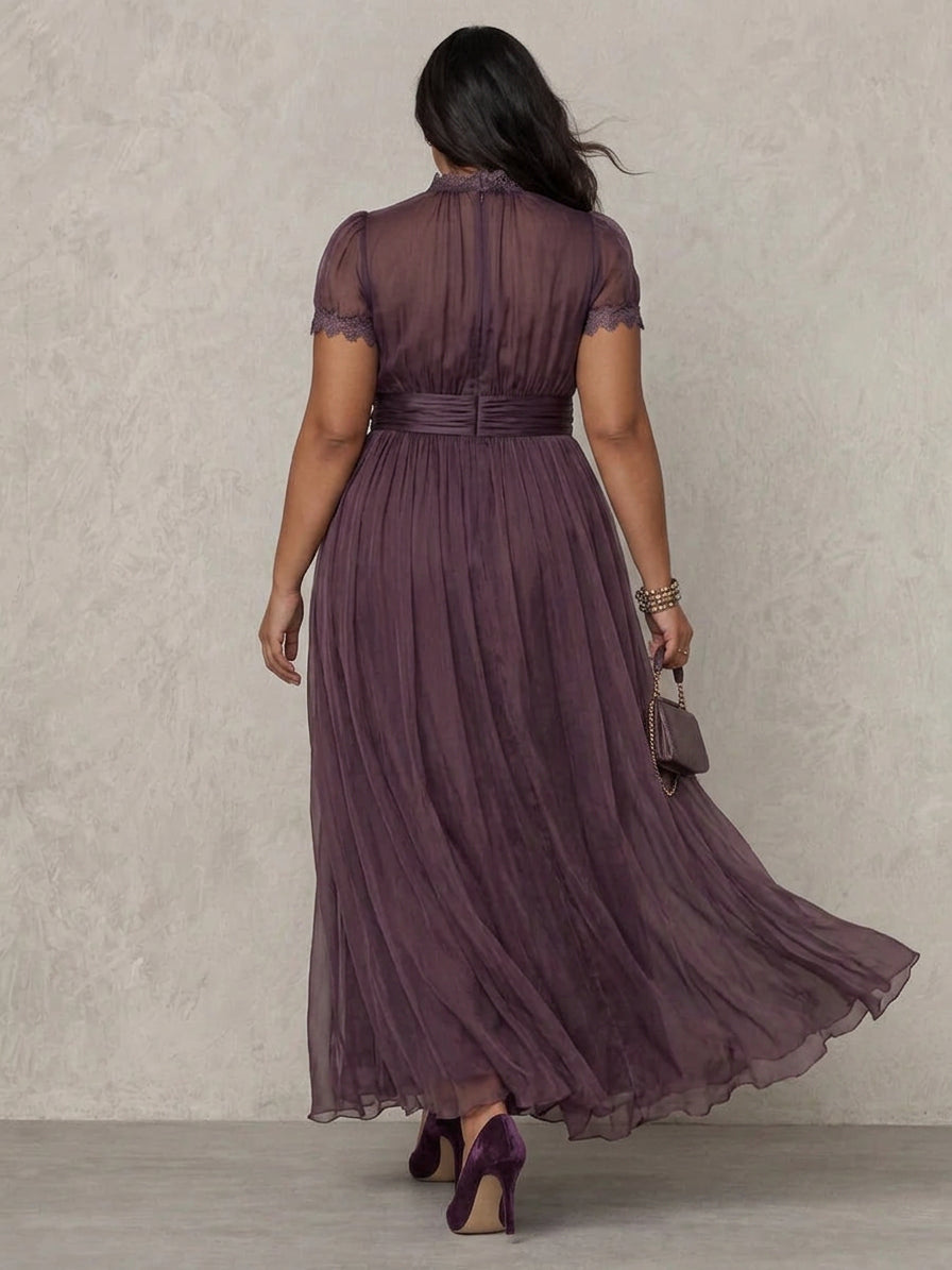 Purple Keyhole Neckline Chiffon Lace Trim Maxi Dress - Plus size model