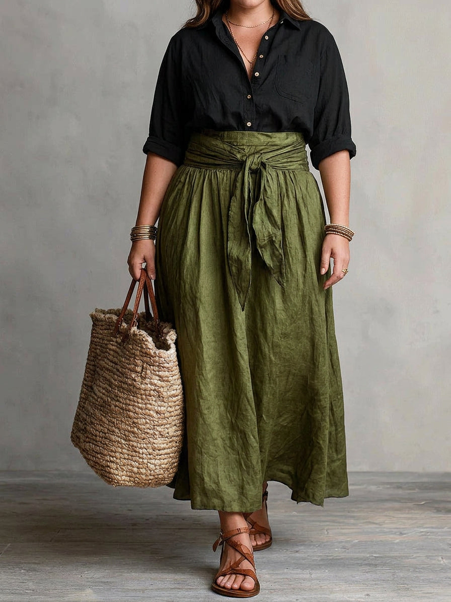 Vera – Two-Piece Set: Black T-Shirt and Olive Green Midi Skirt - Plus size model