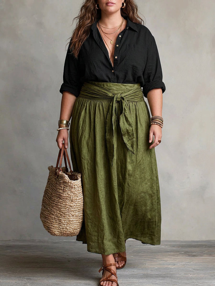 Vera – Two-Piece Set: Black T-Shirt and Olive Green Midi Skirt - Plus size model