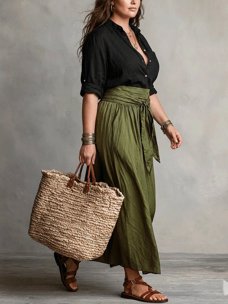 Vera – Two-Piece Set: Black T-Shirt and Olive Green Midi Skirt - Plus size model