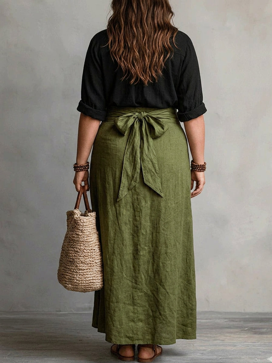 Vera – Two-Piece Set: Black T-Shirt and Olive Green Midi Skirt - Plus size model