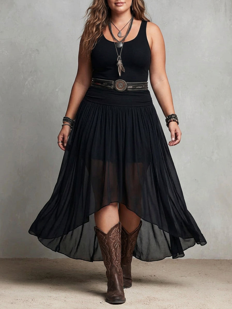 Black Sleeveless Tank Top With Tulle Skirt Maxi Dress (with belt) - Plus size model
