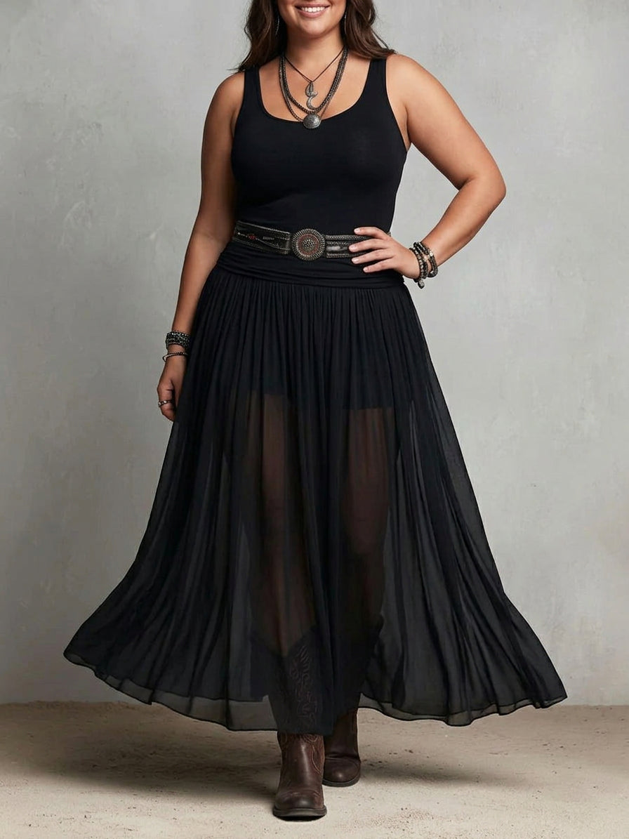 Black Sleeveless Tank Top With Tulle Skirt Maxi Dress (with belt) - Plus size model
