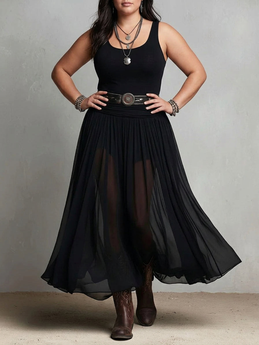 Black Sleeveless Tank Top With Tulle Skirt Maxi Dress (with belt) - Plus size model