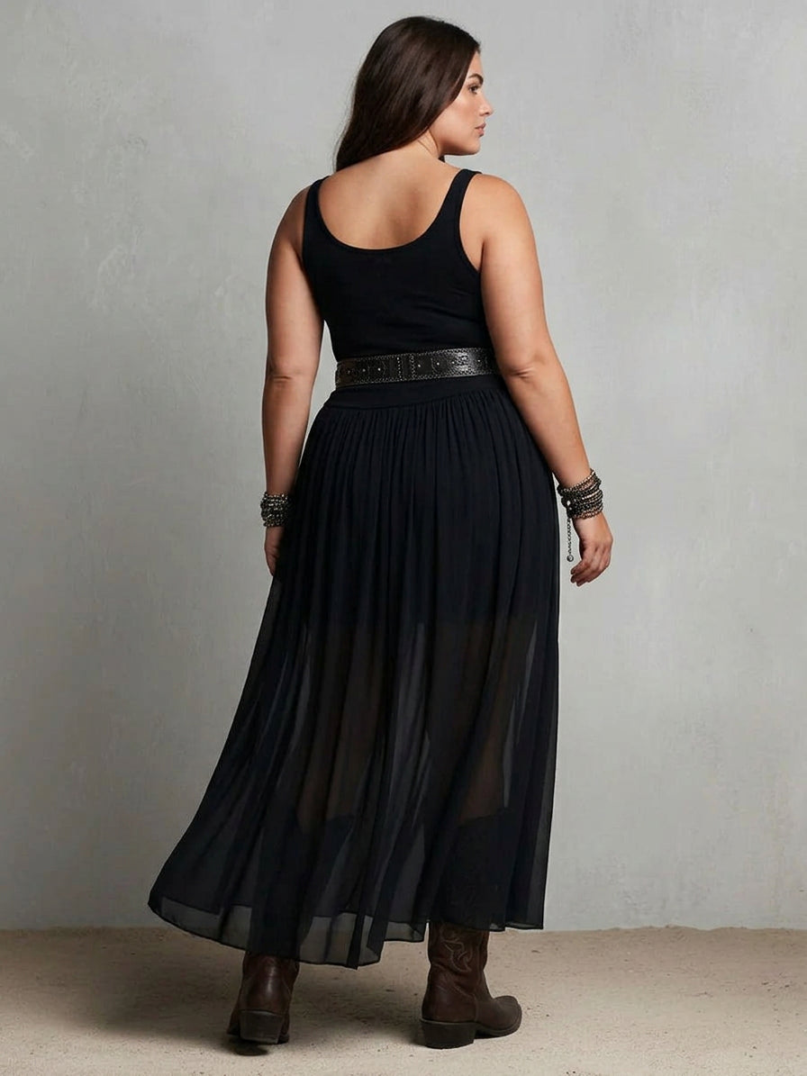 Black Sleeveless Tank Top With Tulle Skirt Maxi Dress (with belt) - Plus size model