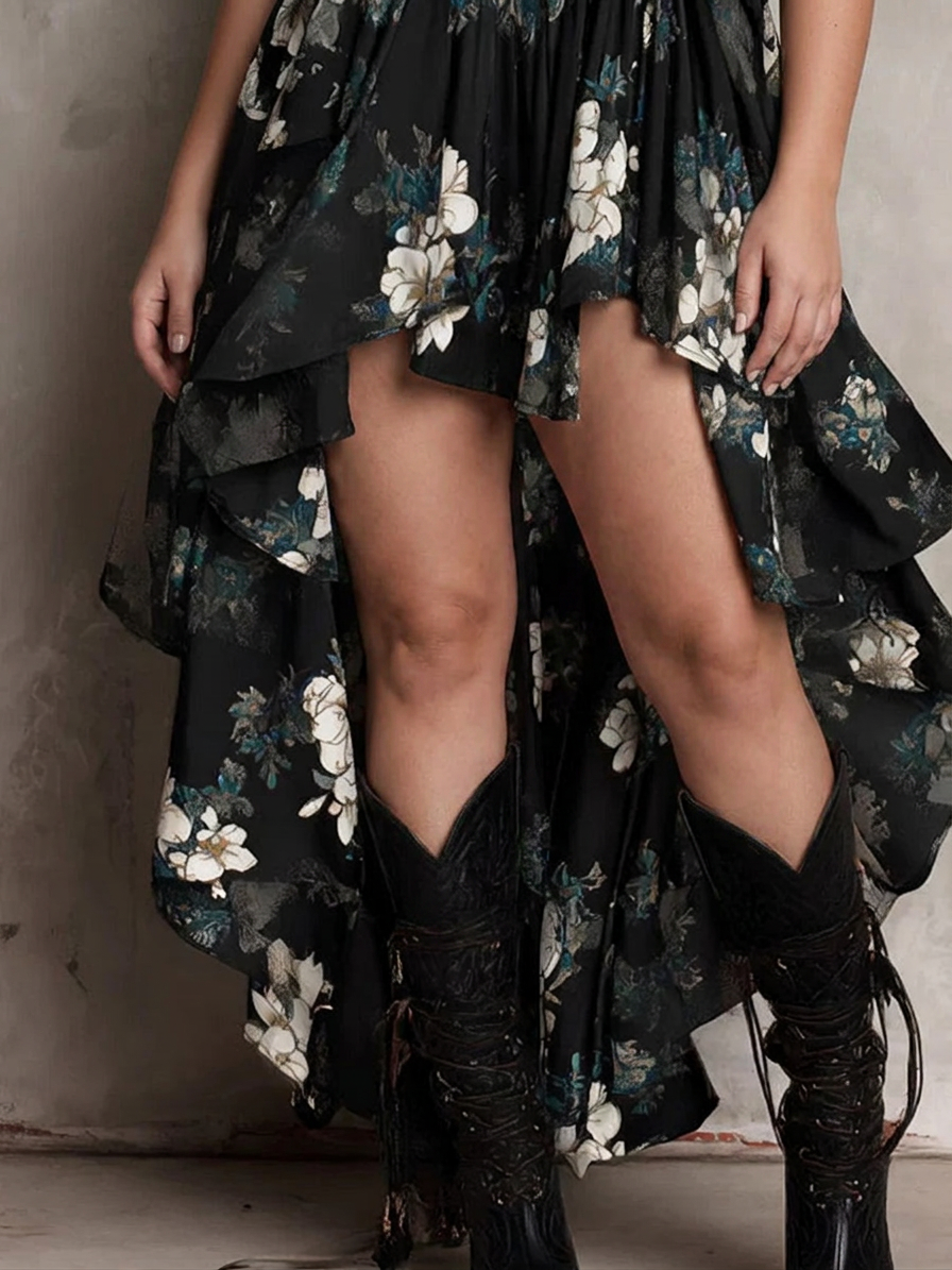 Black strapless long boho dress with floral print and asymmetric cut - Plus size model