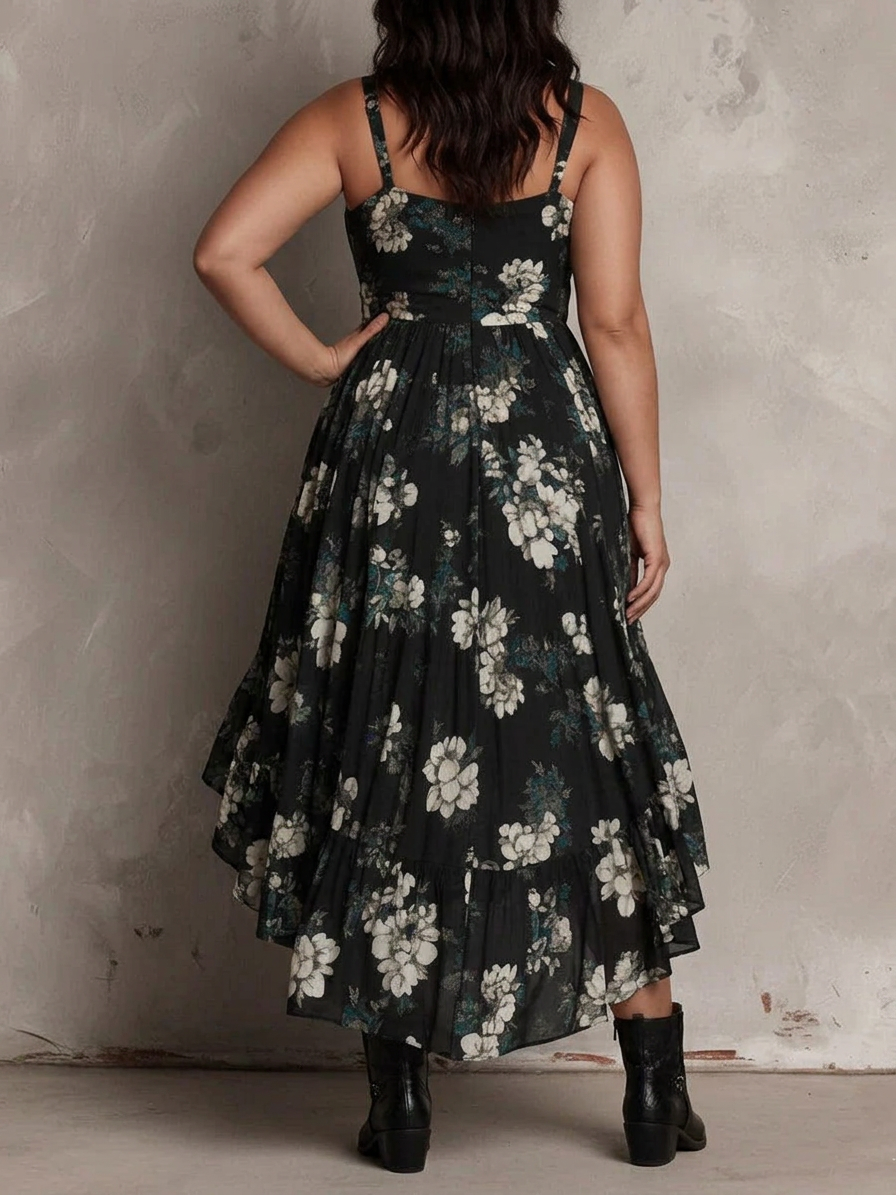 Black strapless long boho dress with floral print and asymmetric cut - Plus size model
