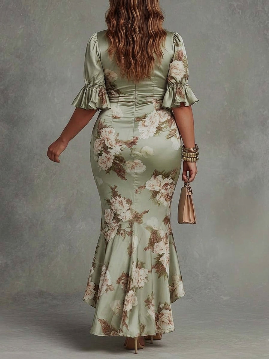 Green Floral Ruffled Bell Sleeve V-neck Satin Asymmetrical Maxi Dress - Plus size model