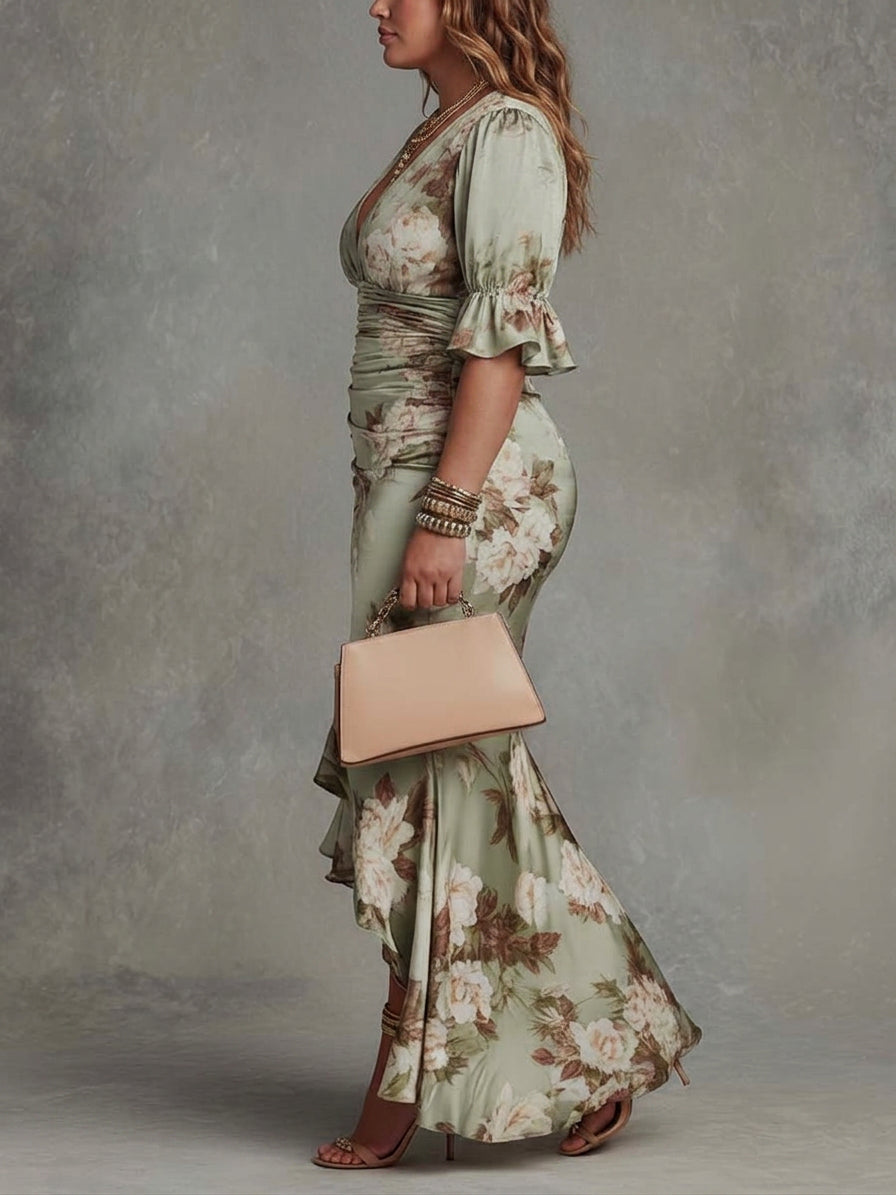 Green Floral Ruffled Bell Sleeve V-neck Satin Asymmetrical Maxi Dress - Plus size model