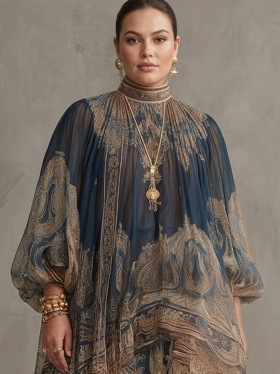 Navy Blue Baroque Print High-neck Irregular Chiffon Mini Dress - Plus size model