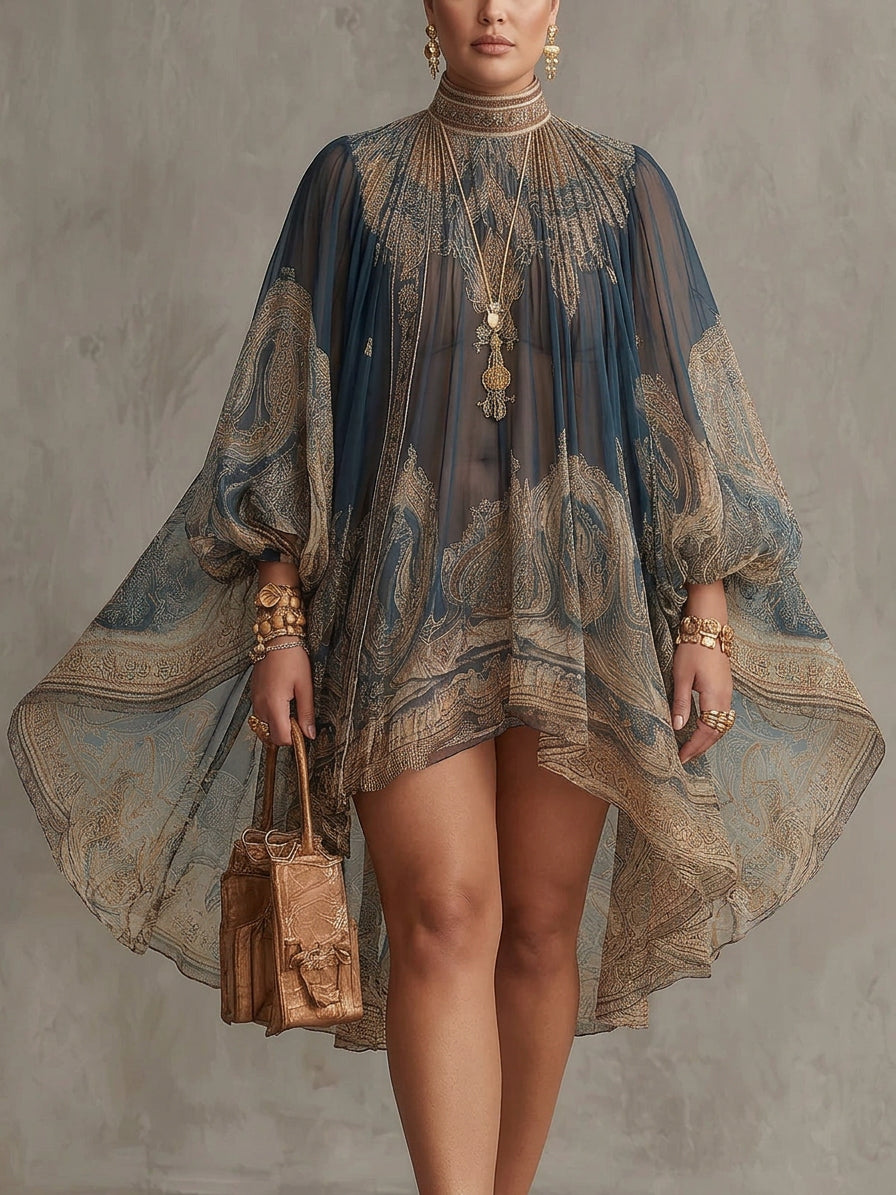 Navy Blue Baroque Print High-neck Irregular Chiffon Mini Dress - Plus size model
