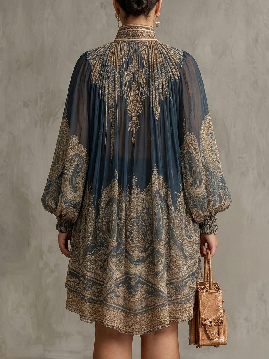 Navy Blue Baroque Print High-neck Irregular Chiffon Mini Dress - Plus size model