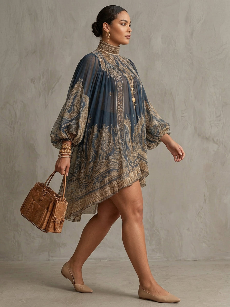 Navy Blue Baroque Print High-neck Irregular Chiffon Mini Dress - Plus size model