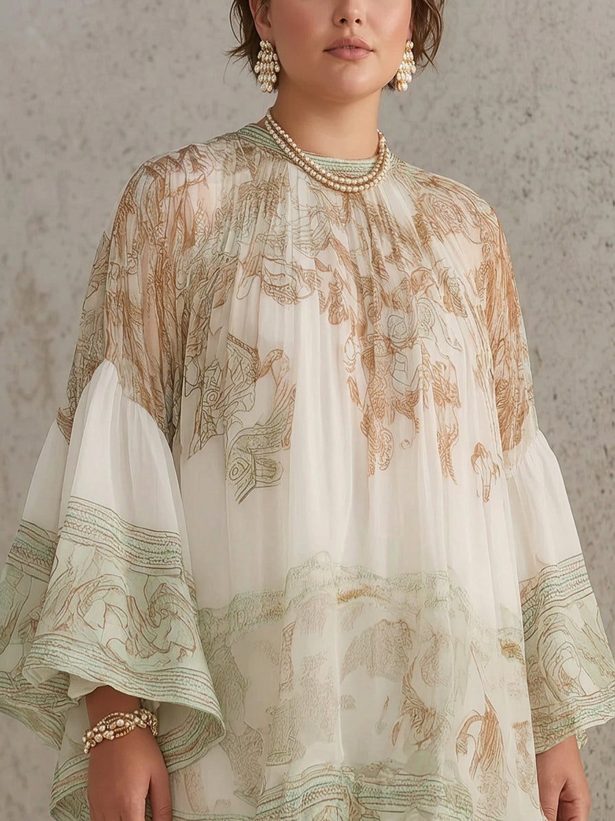 Green Print Ruffle Hem Flounce Sleeve Chiffon Mini Dress - Plus size model