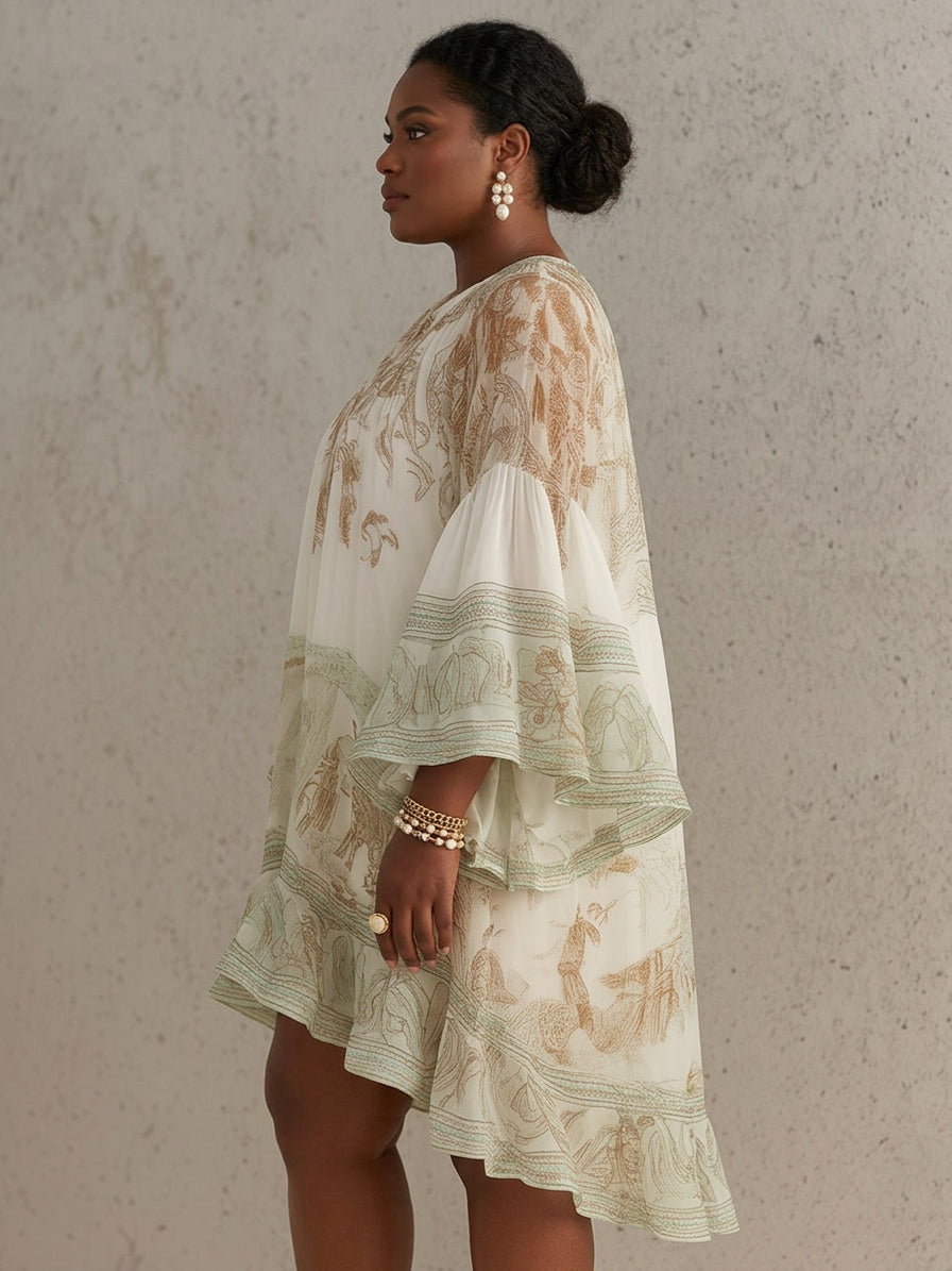 Green Print Ruffle Hem Flounce Sleeve Chiffon Mini Dress - Plus size model