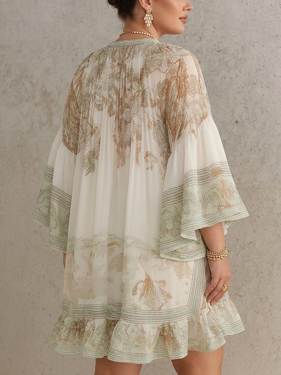 Green Print Ruffle Hem Flounce Sleeve Chiffon Mini Dress - Plus size model