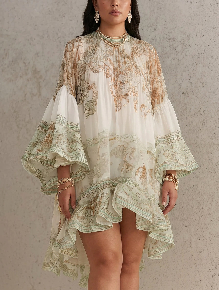Green Print Ruffle Hem Flounce Sleeve Chiffon Mini Dress - Plus size model