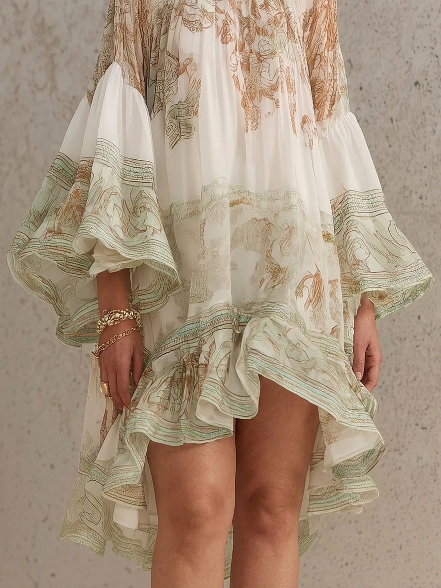 Green Print Ruffle Hem Flounce Sleeve Chiffon Mini Dress - Plus size model