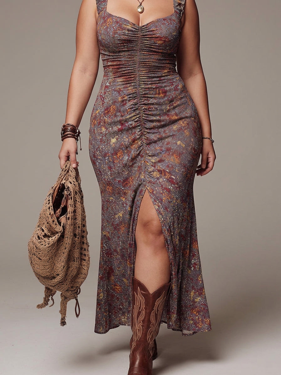 Grayish-purple Pleated Floral Print Slit Maxi Dress - Plus size model