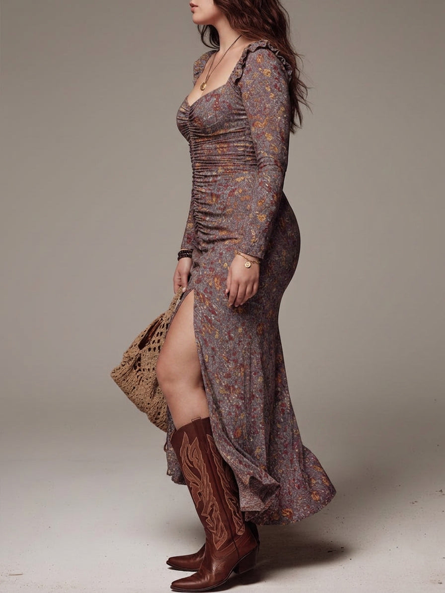 Grayish-purple Pleated Floral Print Slit Maxi Dress - Plus size model