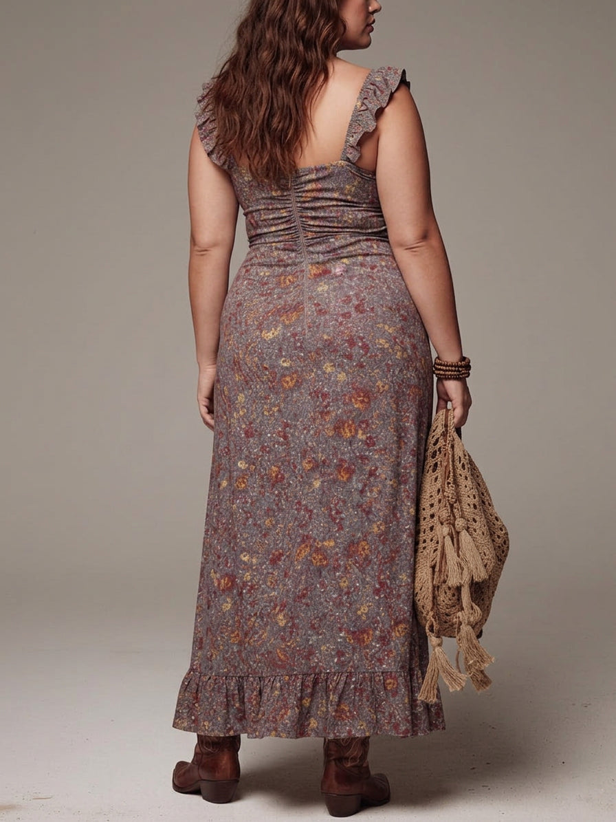 Grayish-purple Pleated Floral Print Slit Maxi Dress - Plus size model