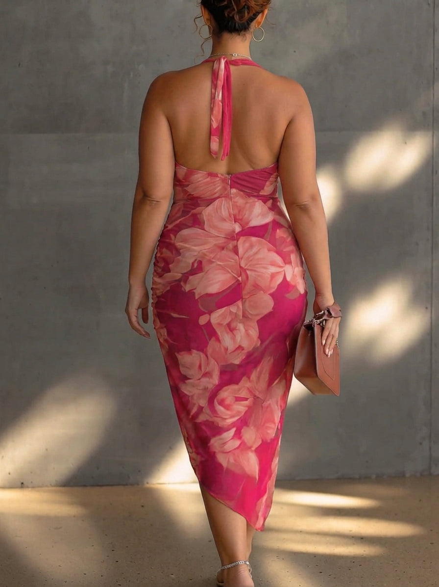 Fuchsia Floral Print Sleeveless Ruched Side Split Bodycon Dress - Plus size model