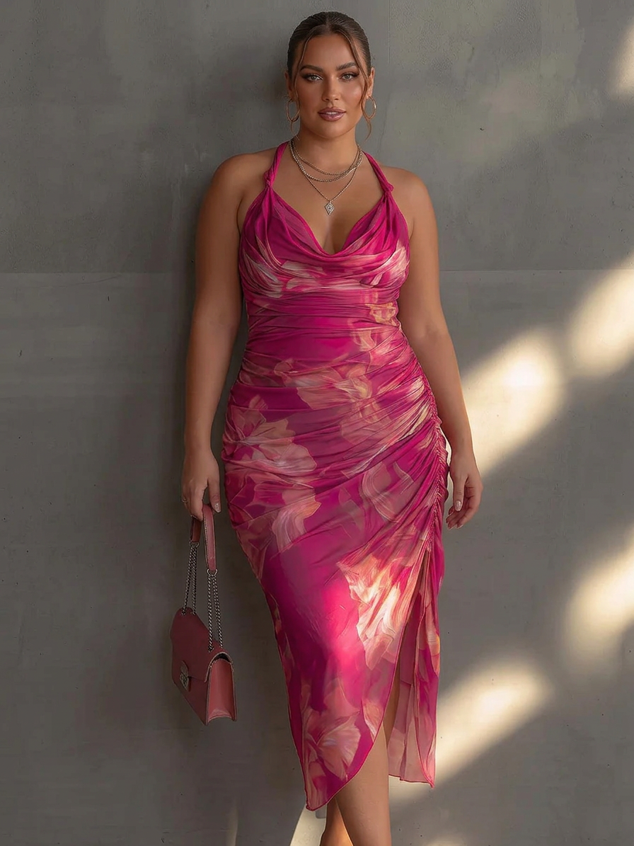 Fuchsia Floral Print Sleeveless Ruched Side Split Bodycon Dress - Plus size model