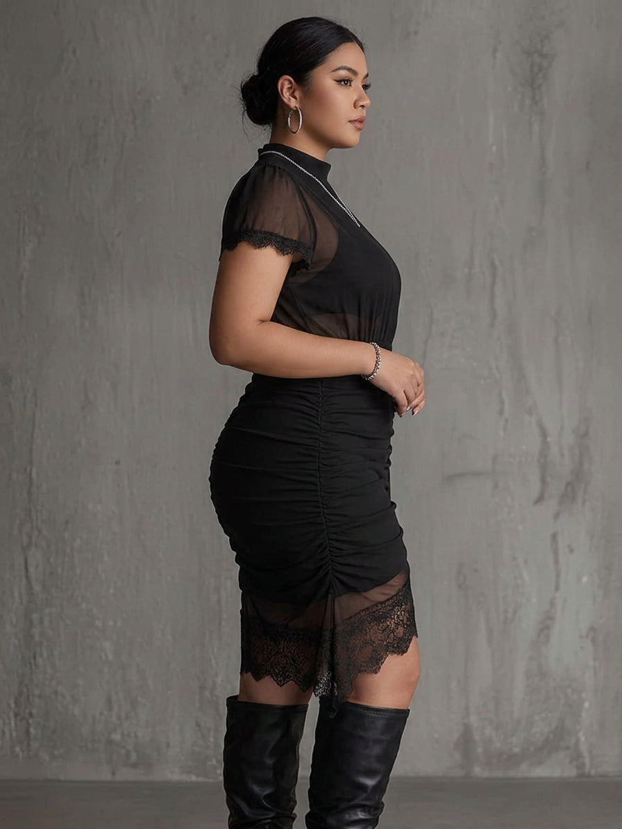 Black Chiffon Pleated Waist Lace-trimmed Mini Dress - Plus size model