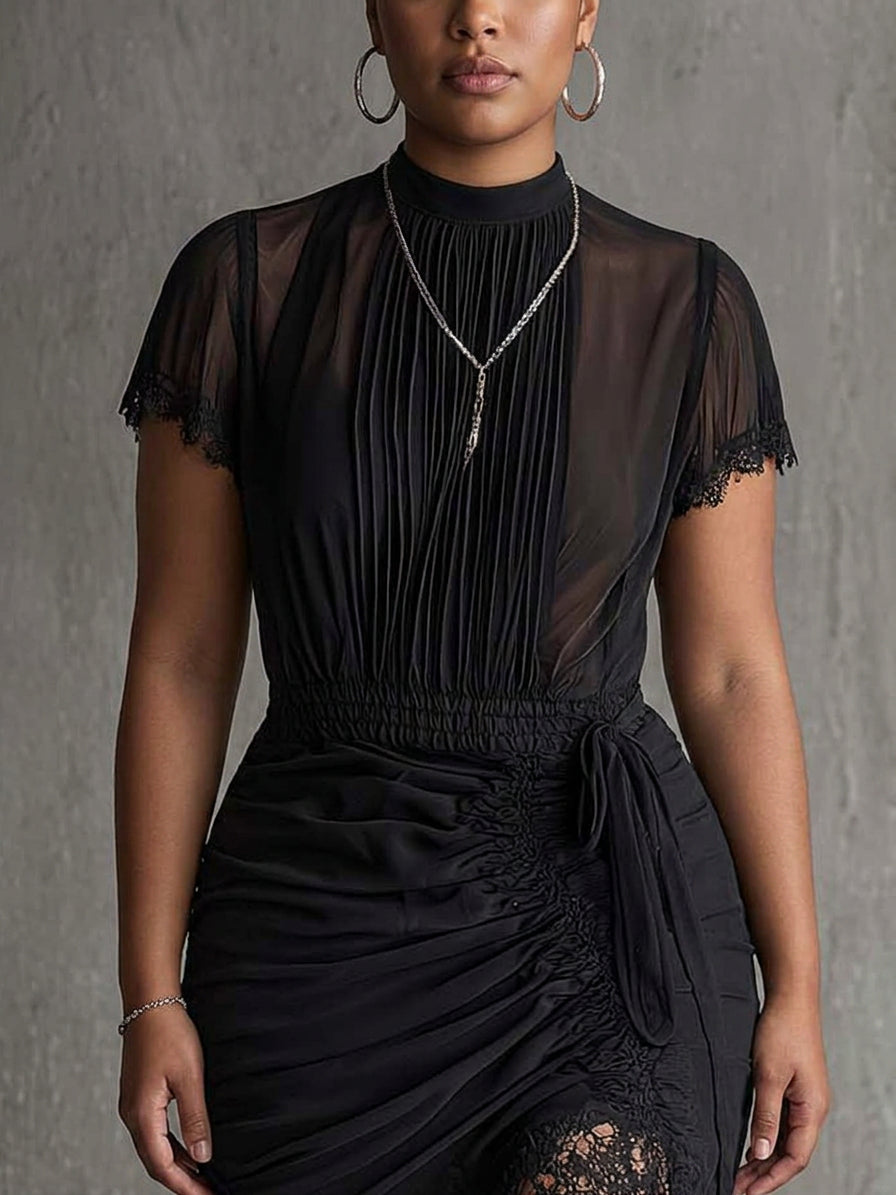 Black Chiffon Pleated Waist Lace-trimmed Mini Dress - Plus size model