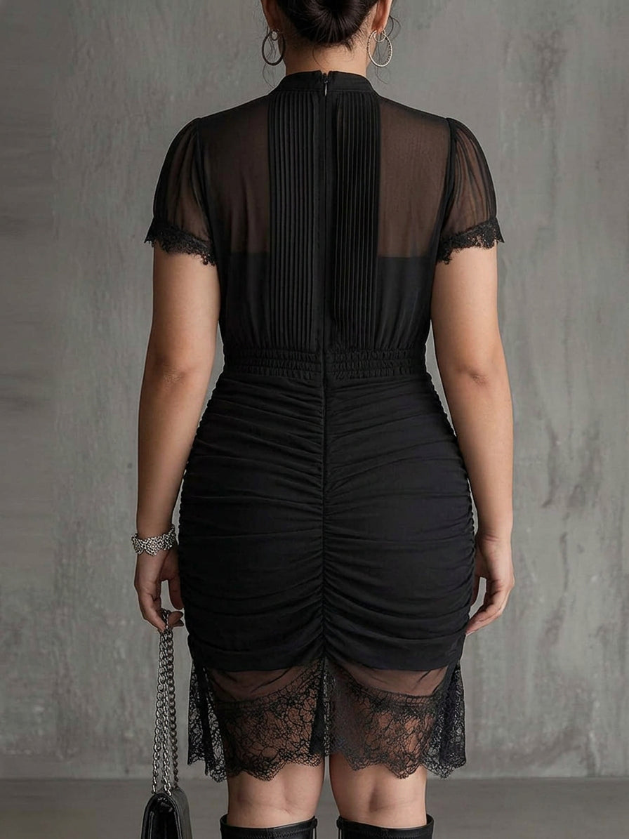 Black Chiffon Pleated Waist Lace-trimmed Mini Dress - Plus size model